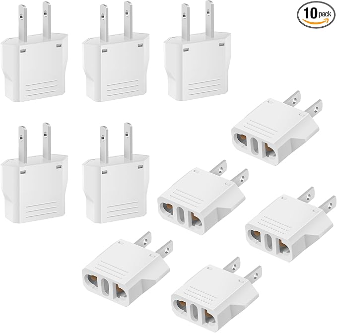 10 Pack European to US Plug Adapter, American Travel Plug Adapter, 220V to 110V Adapter Plug, Travel Adapter European to American, Canada, Mexico, Type A, White
