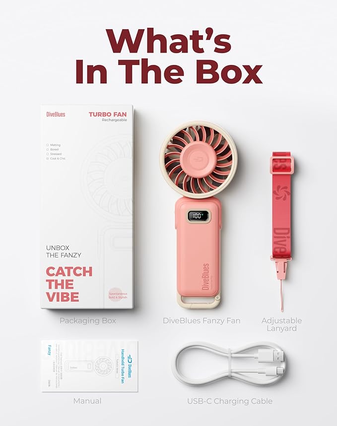 Diveblues Portable Turbo Fan, Small High Speed Handheld Fan, 180° Foldable 4-in-1 Personal Neck Fan with Carabiner Clip, 100 Speed Stepless Control, USB-C Rechargeable for Travel, Makeup Hot Flashes