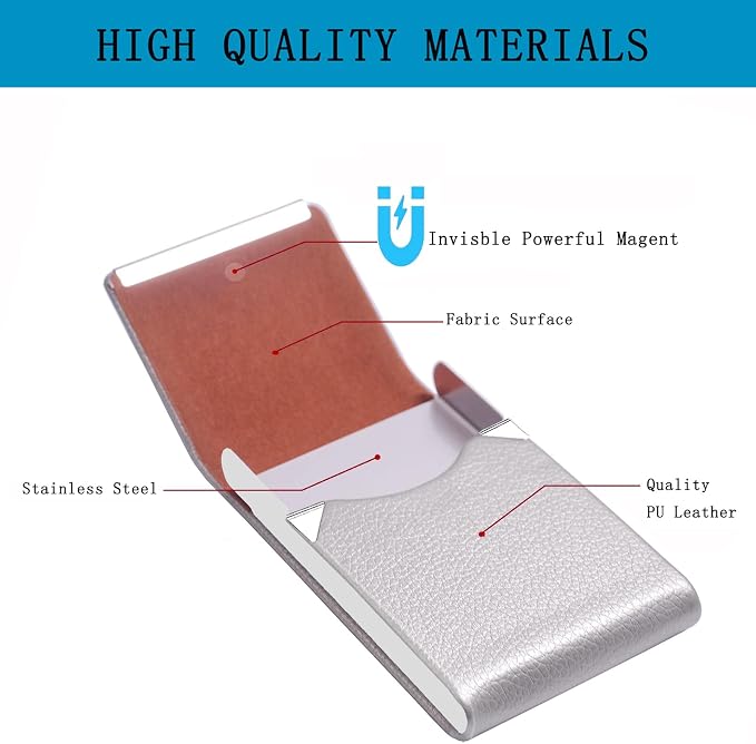 Business Card Holder with Ultra Slim Design,Business Card Case with Premium PU Leather, Suit Pocket Metal Card Holder for Women/Men,Professional Name Card Holder with Magnetic Shut (Silver)