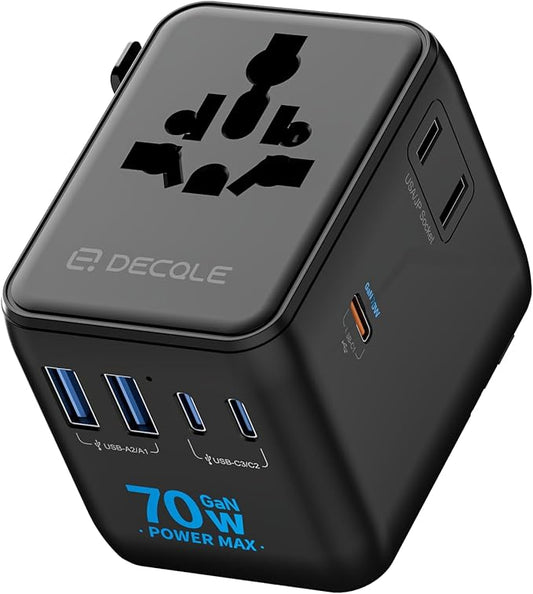 Universal Travel Adapter, International Travel Plug Adapter with 3 USB-C ＆ 2 USB-A Ports 70W, All in One Portable Socket, for USA, UK, EU, AU ＆ 224+ Countries (Black)