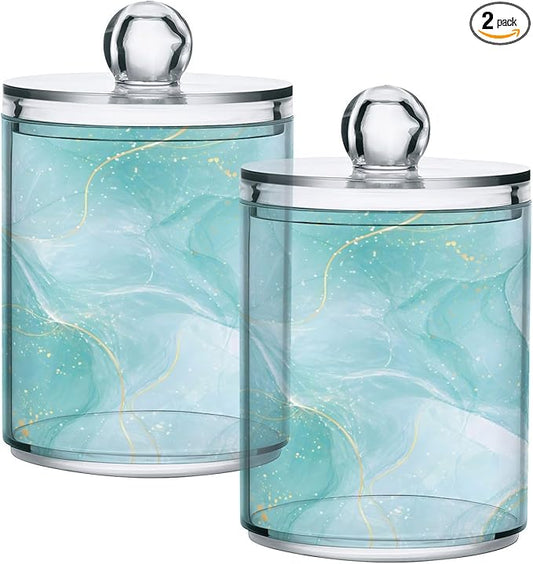 2 Pack Qtip Holder Dispenser Turquoise Marble Bathroom Storage Canister Lid 10 oz Acrylic Plastic Apothecary Jar Set Vanity Makeup Organizer for Cotton Swab/Ball/Round Pads, Floss