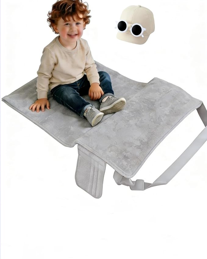 Grey Toddler Airplane Bed with Beige hat, Portable Airplane Seat Extender Travel Bed for Kids, Soft Baby Plane Travel Essentials for Flying, Toddlers Long Flight Must Haves Footrest
