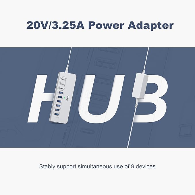 Powered USB Hub 10Gbps, intpw YH6AC 9-Port USB 3.2 /USB C Hub with USB A/USB C 3.2, 4 USB 3.0, 2 PD 45W Charging Port, 65W Power Adapter + 5FT Cable, Aluminum USB Hub for PC, iPhone 17/16/15/Laptop