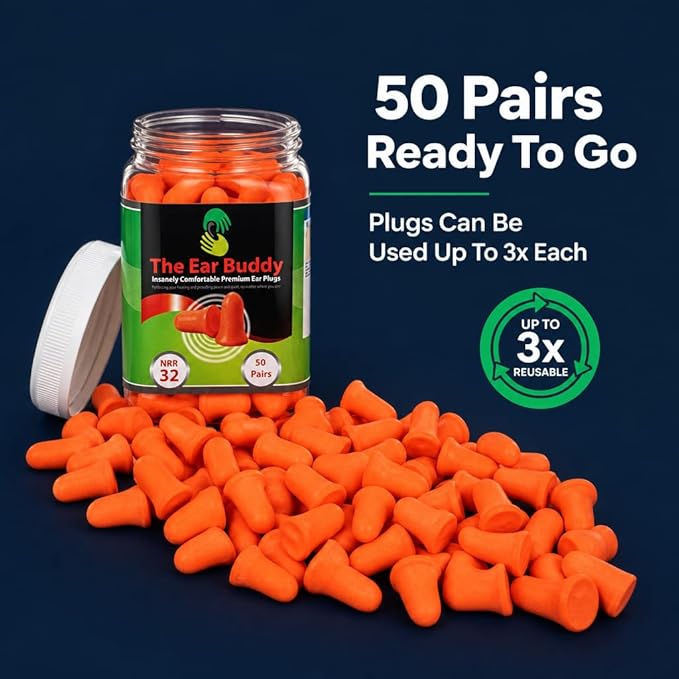 The Ear Buddy Premium Soft Foam Ear Plugs for Sleeping Noise Cancelling, Hearing Protection Earplugs for Shooting Range, Concerts, Work & Travel, Noise Reduction Rating 32 Decibels, 50 Pairs