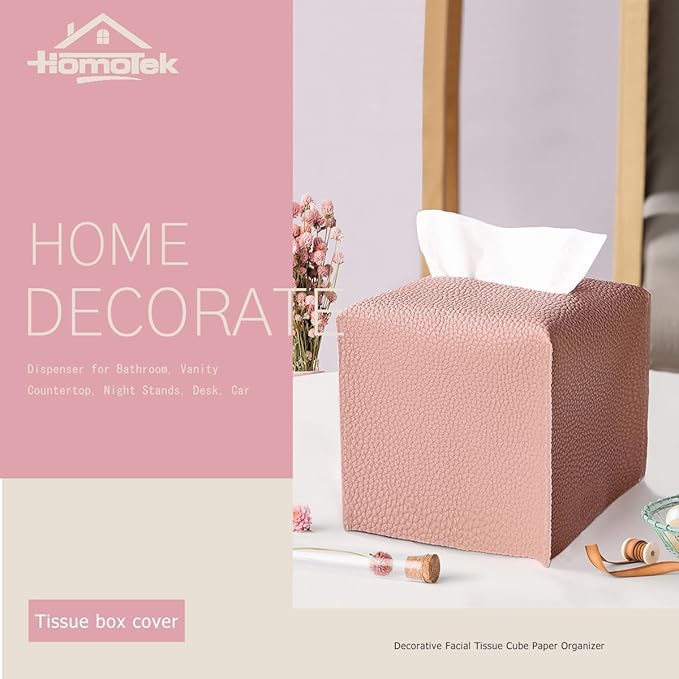 HOMOTEK 2 Pack Tissue Box Cover, Square PU Leather Tissue Holder, Decorative Facial Tissue Cube Paper Organizer Dispenser for Bathroom, Night Stands, Desk, Car 5X5X5'' - Dusty Rose, Pebble Grain