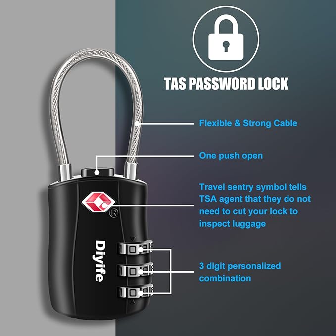 Diyife TSA Approved Luggage Locks, [2 Pack] 3-Digit Combination Security Flexible Cable Travel Lock, Resettable Code Lock with Zinc Alloy Body for Suitcases Travel Backpack Bag Case (Black)