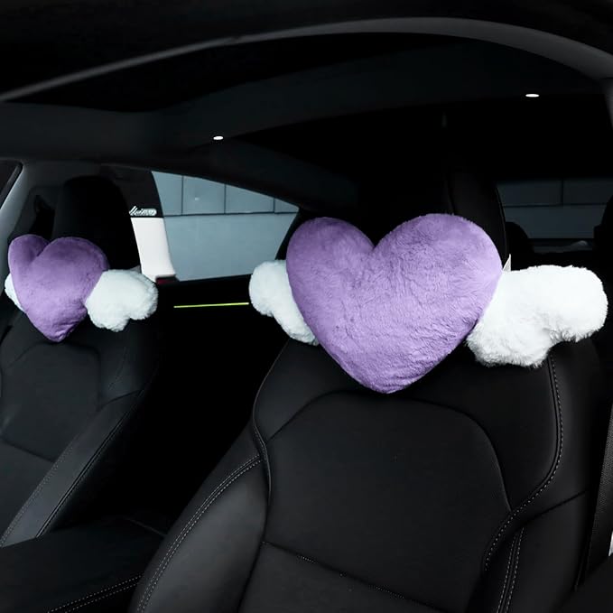 Macarrie 2 Pcs Plush Heart Shaped Pillow with Angel Wings Car Headrest Soft Comfortable Seat Pillow for Driving Travelling Room Office Car Decor, 19.7 x 8.3 Inch(Purple)