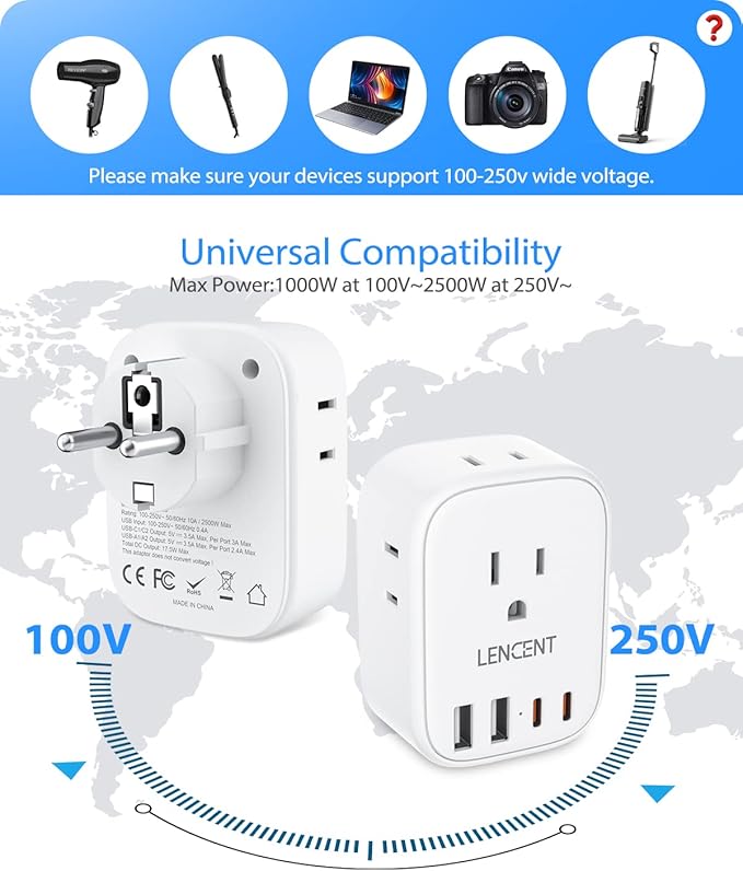 LENCENT Germany France Travel Power Adapter, Schuko Type E F Power Plug Adaptor with 4 USB Ports(2 Type C), 4 Outlet Converter, US to EU Spain France German Greece Norway Iceland South Korea Portugal
