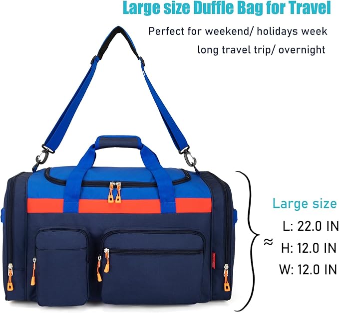 Large Kids Duffle Bag for Travel, Overnight, or Weekender, 22" inch (Dark Blue)