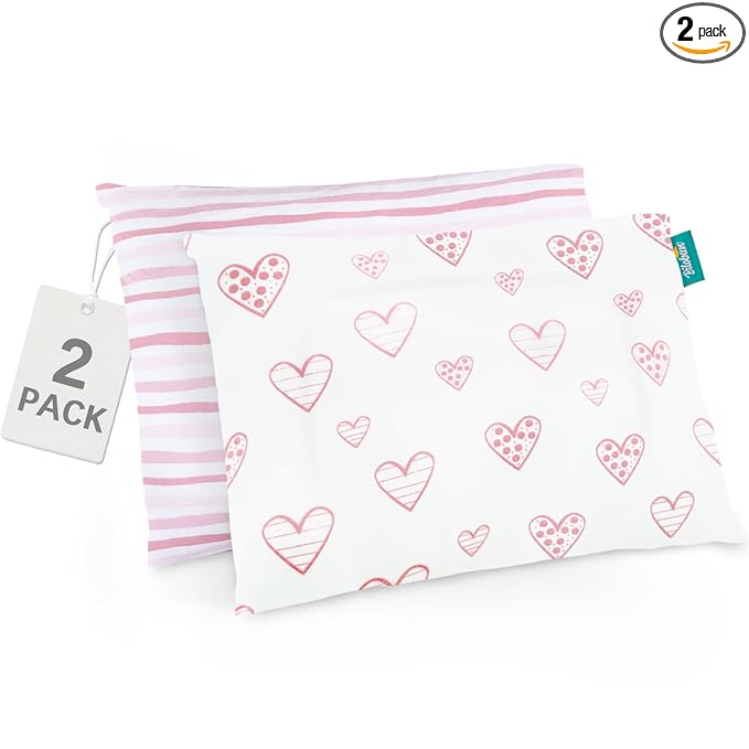 Biloban Organic Cotton 2 Pack Kids Toddler Pillowcase for Children Toddler Pillows 13"x 18" or 14"x19", Envelope Travel Toddler Pillow Cover Case (Pink Print)