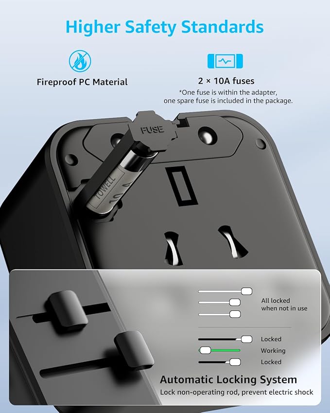 “Air” Universal Travel Adapter, Slim International Travel Plug Adapter with 2500W Max AC Socket, All in One Portable Adaptor, for USA, UK, EU, AU ＆ 224+ Countries (Black) US