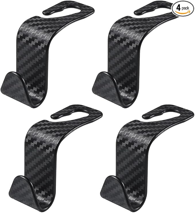povtii 4 PCS Car Seat Headrest Hooks, Auto Backseat Organizer Hanger Holder, Vehicle Seat Back Storage Hooks for Purse Coat Umbrella Grocery Bag Handbag, Interior Car Accessories (Carbon Fiber)