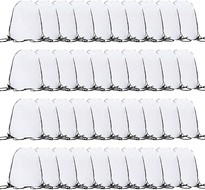 CODOBON 40 Pcs Drawstring Backpack Bulk Draw String Bags Cinch Polyester Bag for Gym Sport, White