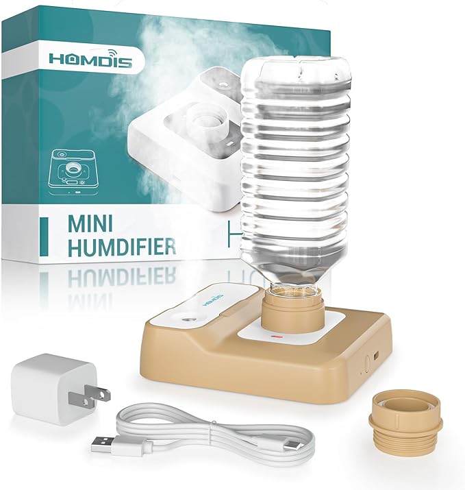 Portable Humidifier, Rechargeable Water Bottle Humidifier for Travel Bedroom Office Desk Plants, Mini Cool Mist Humidifier Whisper Quiet 23dB with 2 Mist Modes & Auto Shut-Off, Khaki/w