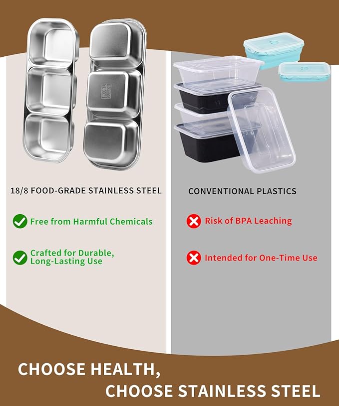 JUJOJB 3 Pack Snack Containers With Bag,Stainless Steel Box With Lids,Leak Proof Metal Lunch Box with 3 Compartments,Reusable Meal Prep Containers for office,Work,Travel For Adults Little One