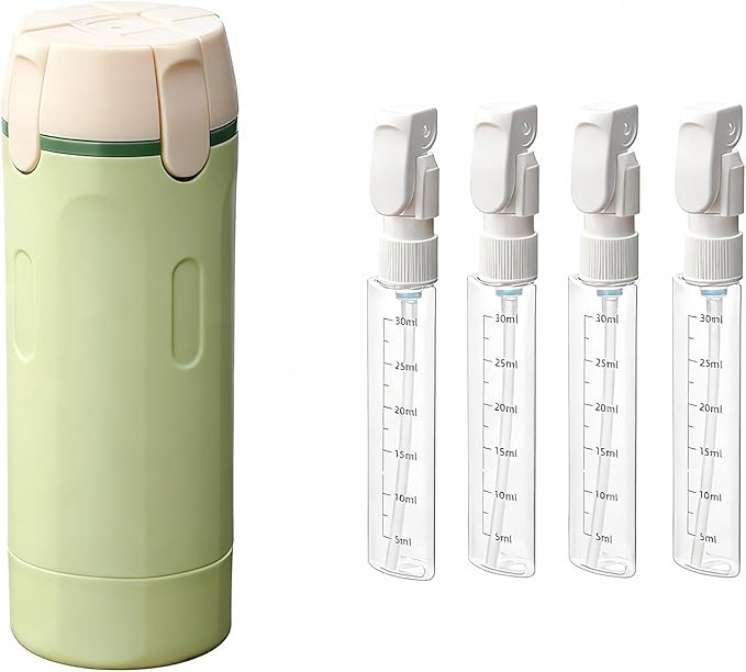 4 in 1 Travel Dispenser Bottle, Refillable Leak Proof Travel Size Bottles for Toiletries, Shampoo, Body Wash, Lotion, Conditioner (Light Green, 16.5cmx5.5cm, 30ml x 4, Plastic)