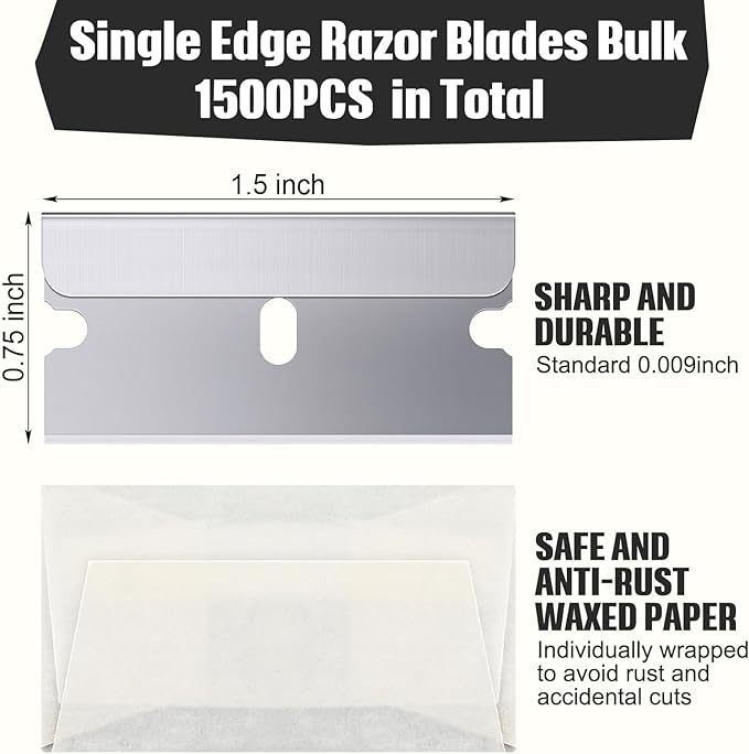 Lasnten 1500 Pack Single Edge Razor Blades High Carbon Steel Individually Wrapped 1.5" x 0.75" Replacement Scraper Blades for Removing Paint Labels Stickers & Decals