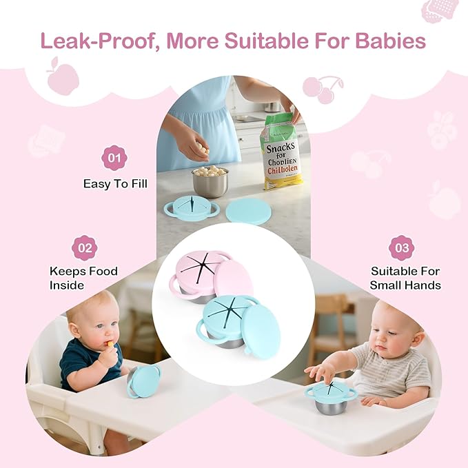 Daximo 2 Pack Snack Cups for Toddlers Spill Proof - Detachable Stainless Steel Toddler Snack Cups with Silicone Lids & Handles - Dishwasher Safe Snack Container(Light blue and Light pink)