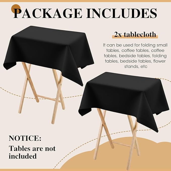 Oudain 2 Pcs Small Tablecloth Washable Fabric Folding TV Tray Table Cloth Polyester Solid Color Nightstand Cover for Bedside Table Side Outdoor Indoor(Black,24 x 36 Inch,Classic Edge)