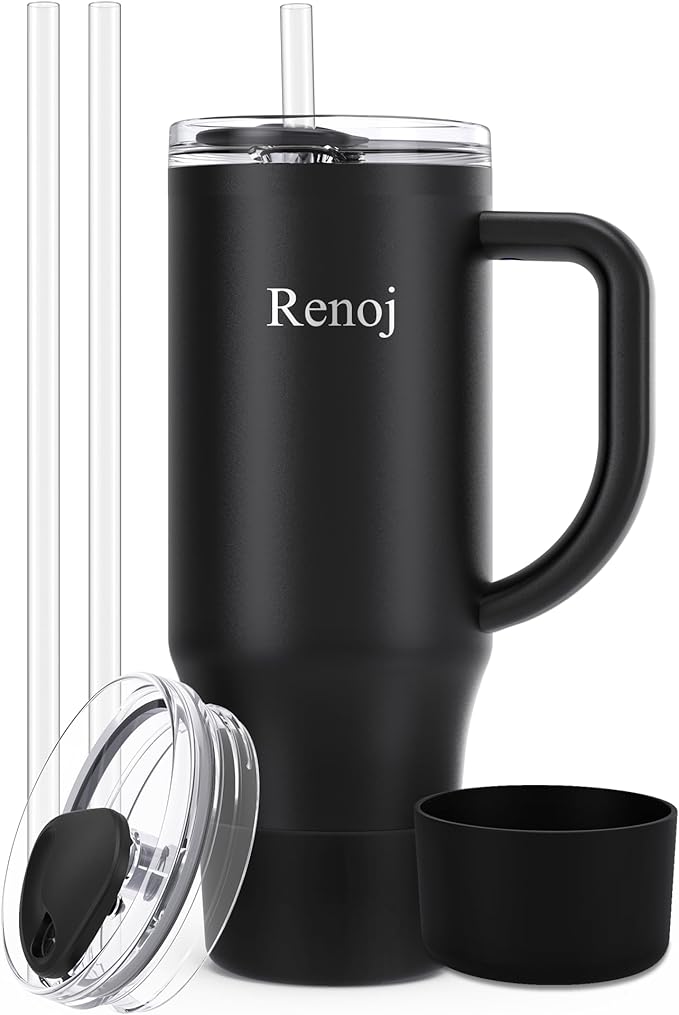 Renoj Insulated Mug 100% Spill Resistant Insulated Water Bottle for Iced Coffee & Hot Drinks - Fits Car Cup Holder, Ideal Gift, 2 Straws & Silicone Boot - FlexSlide White 40 oz