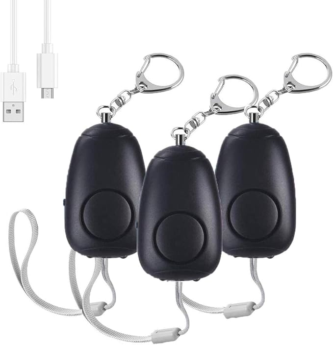 (Upgraded New Version) Safe Sound Personal Alarm, Rechargeable Emergency 130db Security Alarm Keychain Siren Song with 2 LED Lights, for Women, Men, Children, Elderly (3 Pack), Black