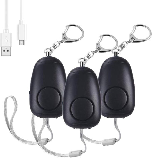 (Upgraded New Version) Safe Sound Personal Alarm, Rechargeable Emergency 130db Security Alarm Keychain Siren Song with 2 LED Lights, for Women, Men, Children, Elderly (3 Pack), Black