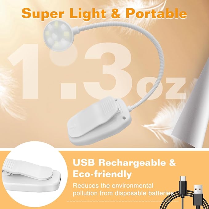 KTEBO Rechargeable Clip-On Book Light, 10-LED Bed Reading Lamp with 3 Color & 3 Brightness, USB-C, Up to 30-Hour Runtime, 360 Degree Gooseneck, Ultralight 1.4oz, Great Stocking Stuffers, Black & White
