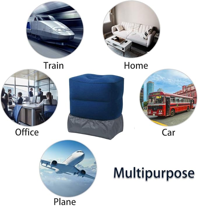 Travel Foot Rest Pillow, Portable Inflatable with Double Hand Pump Adjustable Three Layers Height Pillow for Foot Rest on Airplanes,Cars,Buses,Trains,Office Kids to Sleep on Long Flights (Blue)