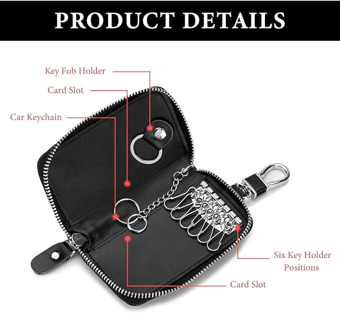 Leather Car Key Holder Bag, Unisex Key Fob Case with 6 Hooks, Zipper Closure Keychian Case Wallet for Smart Keys (Bean Pink)
