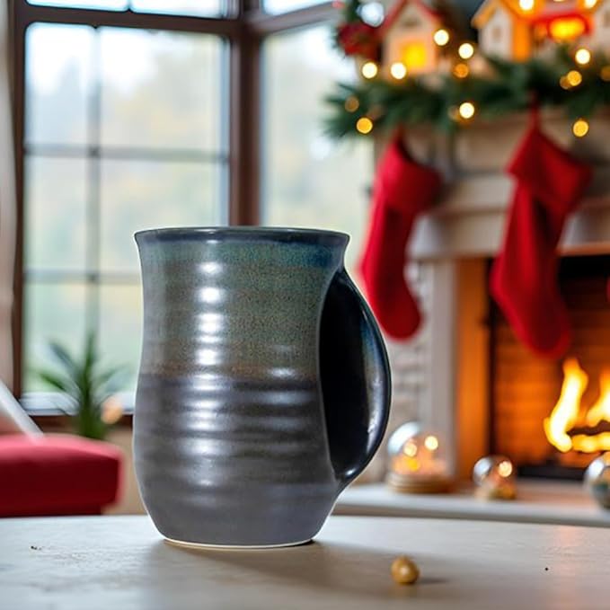 Hand Warmer Mug,16 Ounce Large Hand Warming Mugs Ceramic Gift for Coffee Tea Handmade Pottery Christmas Ceramic with Pocket handl (Right Handed,Brown)