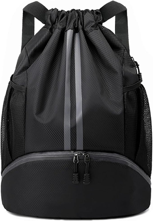 JELUTAR Drawstring Backpack Gym Bag with Shoes Compartment for Soccer, Basketball, Swim, Water-Resistant String Backpack Beach Cinch for Women Men, Black, Medium