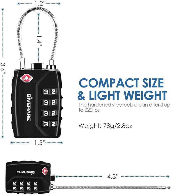 2 Pack TSA Approved Travel Luggage Locks, 4-Digit Metal Cable Combination Suitcase Lock, Alloy Padlocks, Weatherproof Padlock for Locker, Golf Bag, Gun Case, Backpack, Anti Theft-Black