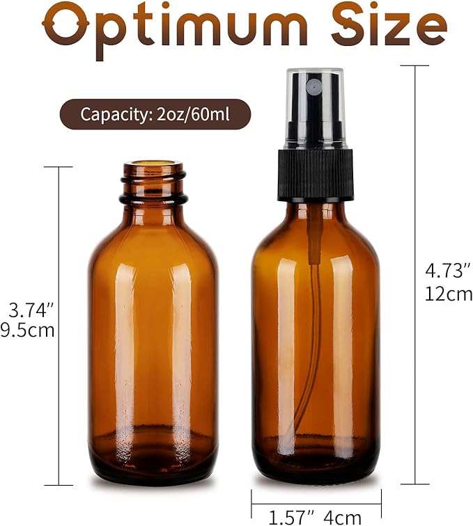 24 Pack Amber Glass Spray Bottles, 2oz/60ml Empty Glass Spray Bottles with Fine Mist, Small Leak Proof Travel Dispenser Bottles for Essential Oils, Bath, Beauty, Hair & Cleaning