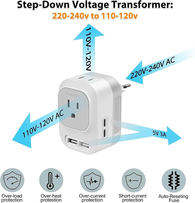 Voltage Converter US to Europe with 2 USB A & 2 USB C Ports Fast Charging, 220V to 110V Power Converter for European Travel International Universal Travel Adapter for Italy Spain Germany France