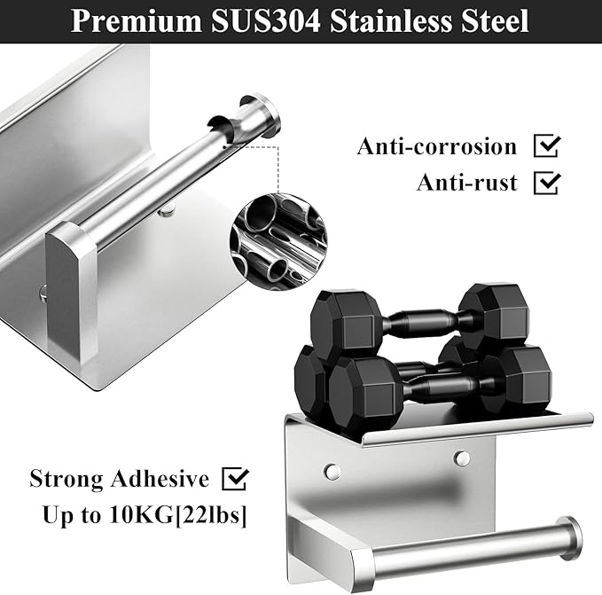 Tindbea Heavy Duty Toilet Paper Holder with Shelf, Adhesive or Screw Wall Mount Toilet Tissue Roll Holder, Rustproof & Multifunctional Stainless Steel Bathroom Storage Dispenser (Brushed Nickel)