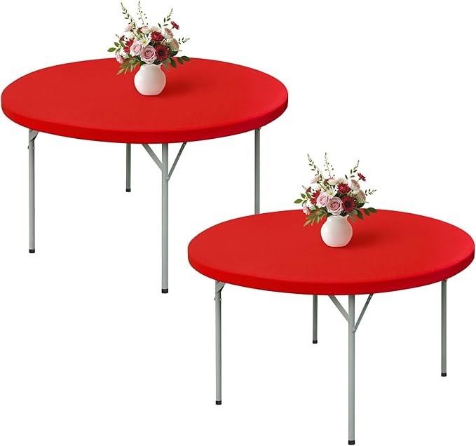Wolkemer 2 Pack 5 Foot Red Fitted Tablecloth 60 Inch Round Elastic Edges Table Cloth, Spandex Stretch Table Cover with Machine Washable Fabric for Wedding Party Picnic Dining Indoor Outdoor