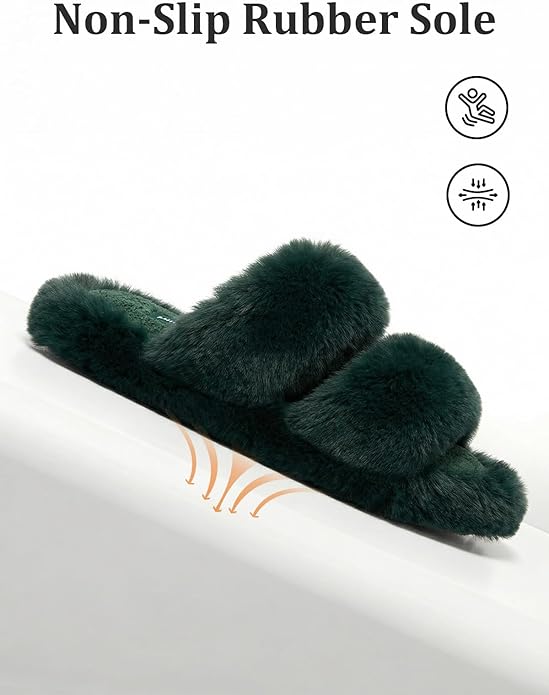 FamilyFairy Women's Fluffy Faux Fur Slippers Comfy Open Toe Two Band Slides with Fleece Lining and Rubber Sole