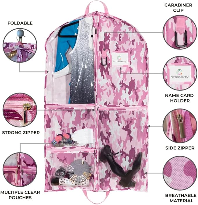 Waterproof Hanging Garment Bag 40 inch Clothes Bag with Gusset, 2 Pack, 5 Pockets & Side Zip for Dance Costumes, Cheer, Skating, Theatre, Beauty Pageants & More by Kendall Country, Camo Pink