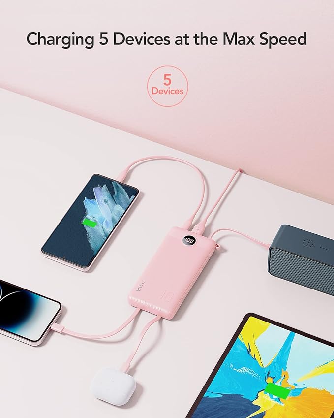 VRURC Portable Charger Power Bank, Built-in 4 Cables & 2 Ports,10000mAh Slim Battery Pack with LED Display, Travel Essential USB C Portable Phone Charger for iPhone 17 16 15, Samsung-Pink(1 Pack)