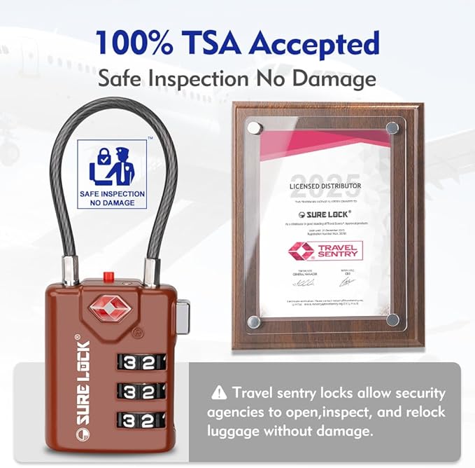 SURE LOCK TSA Approved Luggage Locks with Open Alert Indicator, 3 Digit Combination Cable Travel Lock for Suitcase, Backpack, Gym Locker, Toolbox & Travel Bag