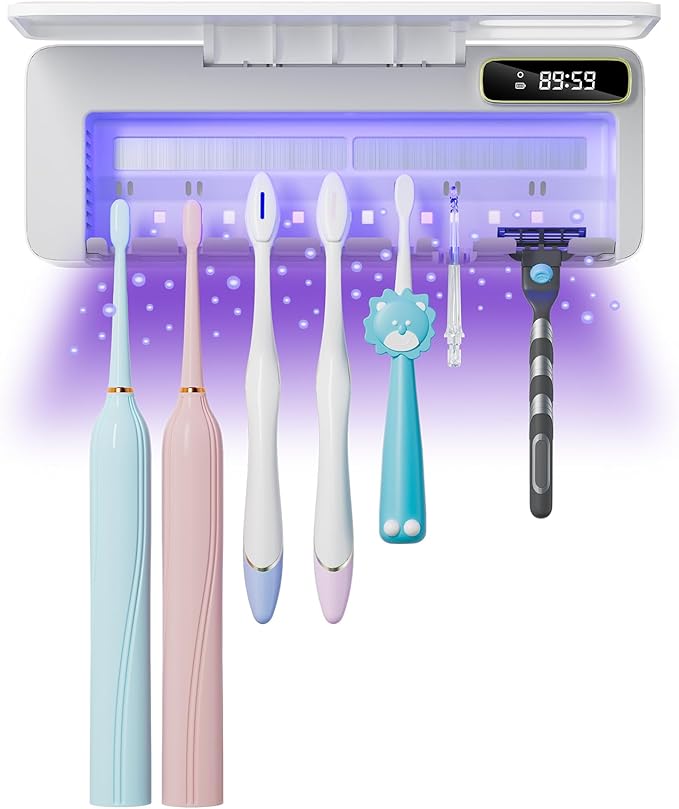 UV Toothbrush Sanitizer Holder for Bathrooms, 5+1+1 Slots Toothbrush Sanitizer and Holder, Rechargeable Cordless Wall Mounted Tooth Brush Holder with Heating Functions, No Drilling (White)