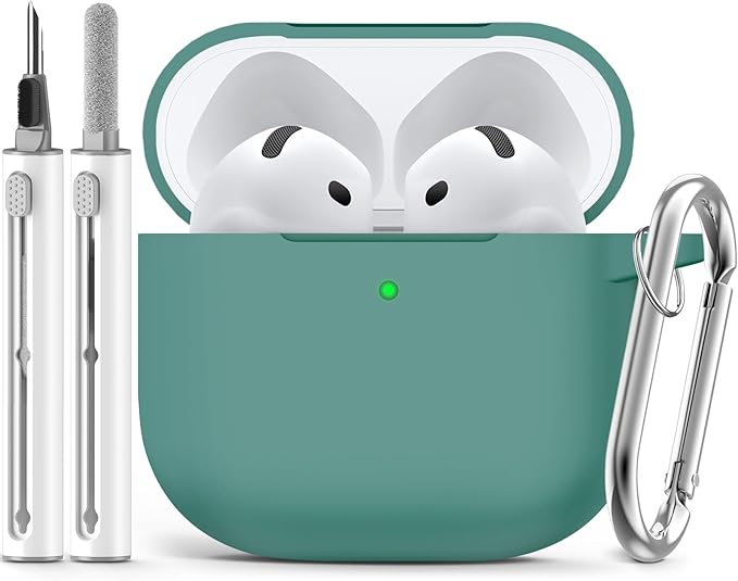 Ljusmicker for AirPods 4 Case 2024 with Cleaner Kit,Soft Silicone Protective Cover for Apple AirPods 4th Generation Cases for Women Men,for AirPod 4 Case Accessories with Keychain-Pine Green