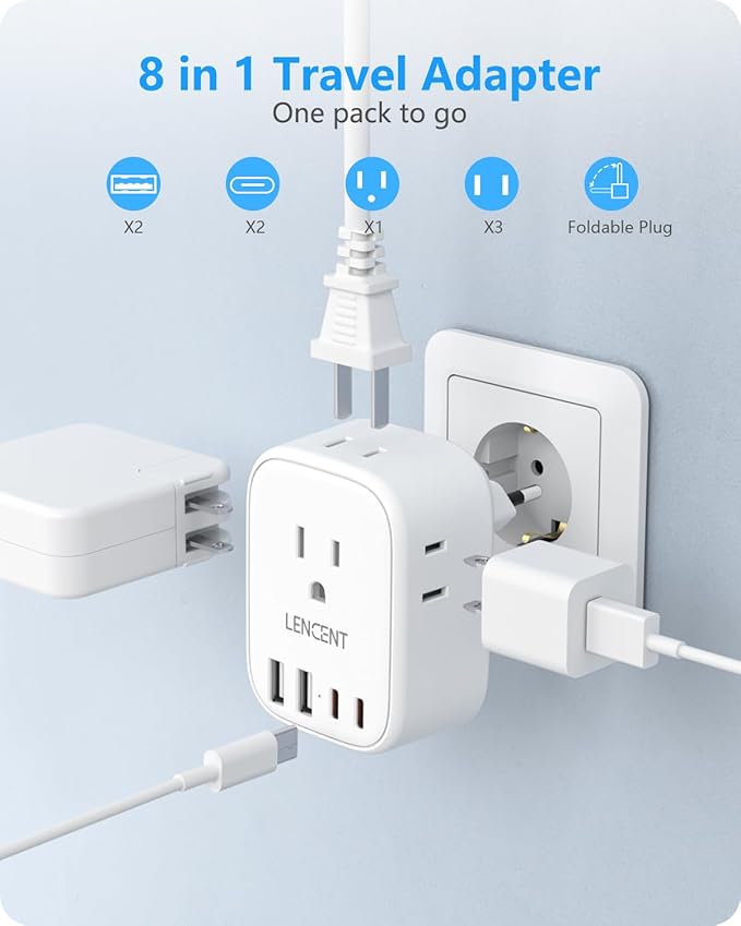 European Travel Plug Adapter, LENCENT US to Europe Type-C Foldable Power Plug with 4 Outlets 4 USB Ports (2 USB C), Power Adaptor for USA to EU Euro Iceland Spain Italy France Germany Greece Portugal
