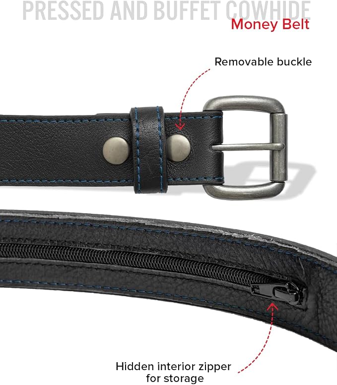 First Mfg Co - Mens Premium Leather Belt With Removable Buckle And Hidden Zipper Money Belt Daily Wear For Pants Perfect Fit
