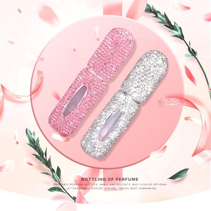 Perfume Spray Bottle 5ML 2PCS White&Pink Bling Rhinestone Empty Portable Travel Fine Mist Refillable Mini Spray Dispensers for Perfume, Essential Oil