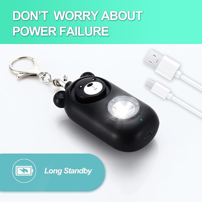 Personal Safety Alarm Keychain with LED Light, 130dB Emergency Alert, Rechargeable Bear Design for Women, Children,Girls