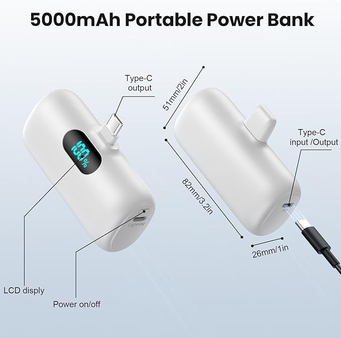 Mini Portable Charger USB C Power Bank,5000mAh PD Fast Charging Battery Pack Built-in USB-C Connector Travel Essential for iPhone17/17Pro/17Pro Max/Air/16 Plus/16Pro Max/15 Series,Android White