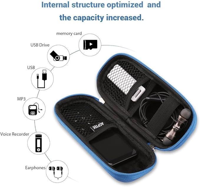 AGPTEK Carrying Case, EVA Zipper Carrying Hard Case Cover for Digital Voice Recorders, MP3 Players, Storage Holder for 3D Printing Pen, USB Cable, Earphones, Memory Cards, U Disk, Blue