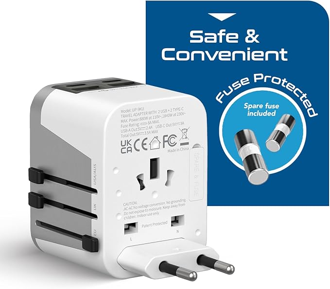 Ceptics Universal Travel Adapter for EU, UK, China, UAE, AU – International Power Adapter with Dual USB-C & USB-A – Ideal for Phone, Tablet & Smartwatch Chargers - Type A, C, G, I Plug Outputs