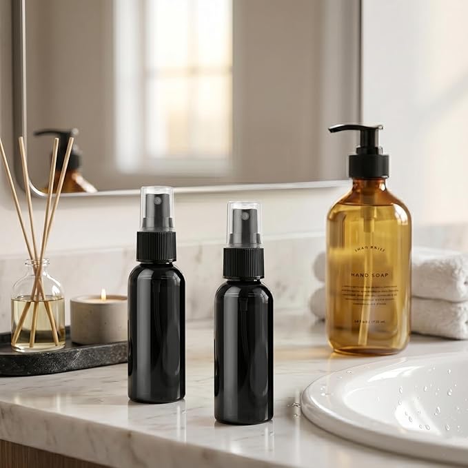 Travel Spray Bottle Set – 10 Pack 50ml (1.7oz) Empty Plastic Spray Bottles, Fine Mist Continuous Spray for Hair, Face Mist, Perfume & Toner, Refillable Travel Size Containers (Black)